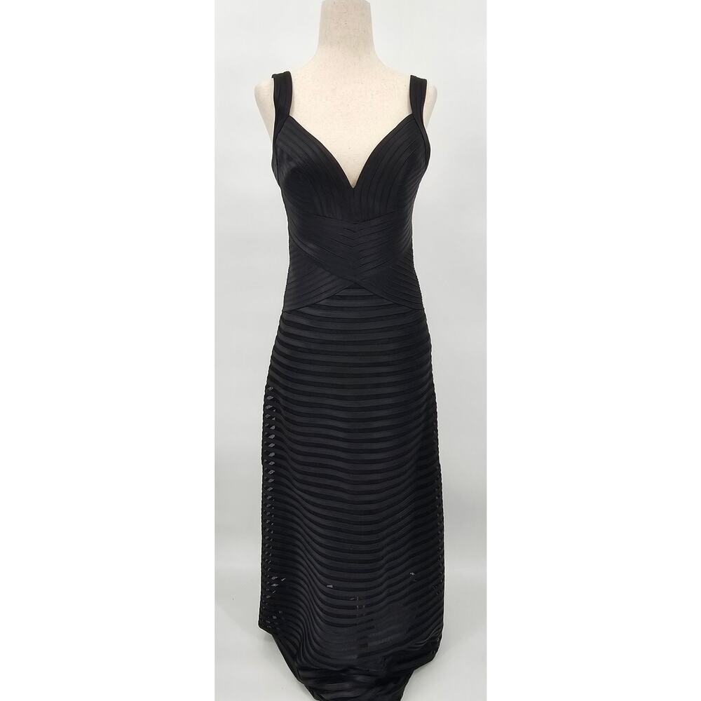BCBGMAXAZRIA Women's Size 6 Black Banded Satin Maxi Dress w/Mesh Panels